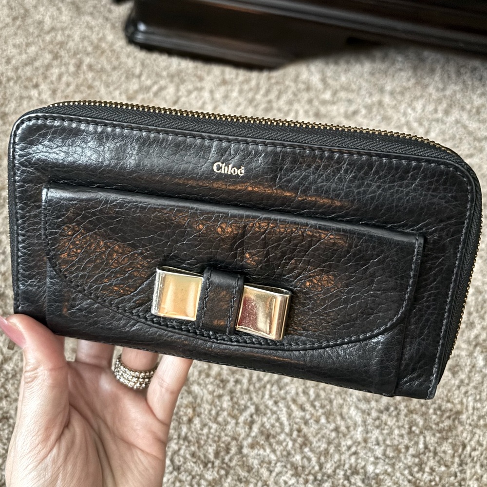 Chloé Lily Black Leather Portefeuille Ribbon Wallet Gold Accents Super Soft